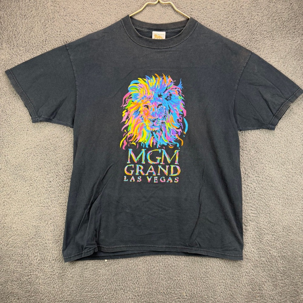Vintage MGM Grand Las Vegas Lion Graphic T-Shirt Black Neon Rainbow Mens XL